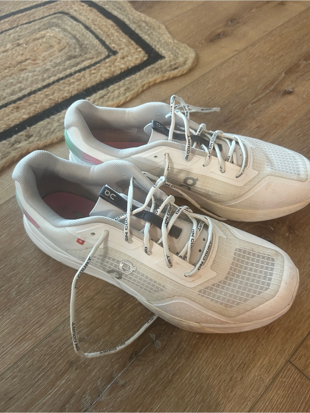 On Cloud Running White and Gray Men's Running Shoes with Subtle Teal/Pink Accent